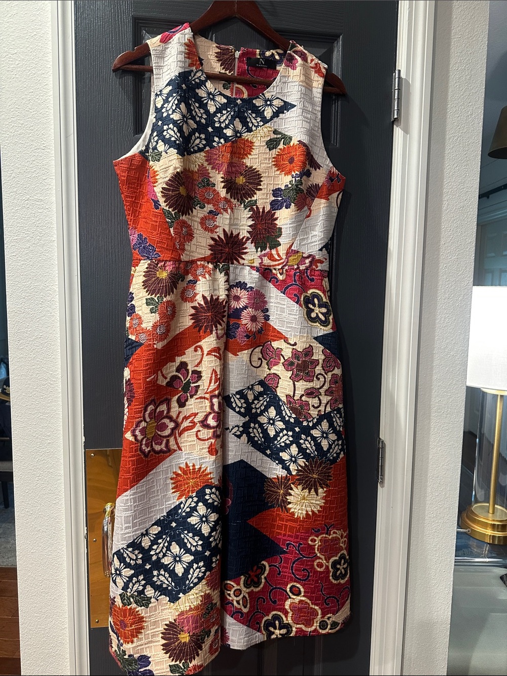 NATORI Sleeveless Floral Patchwork Dress in Orange, Navy & Cream w pockets sz 10